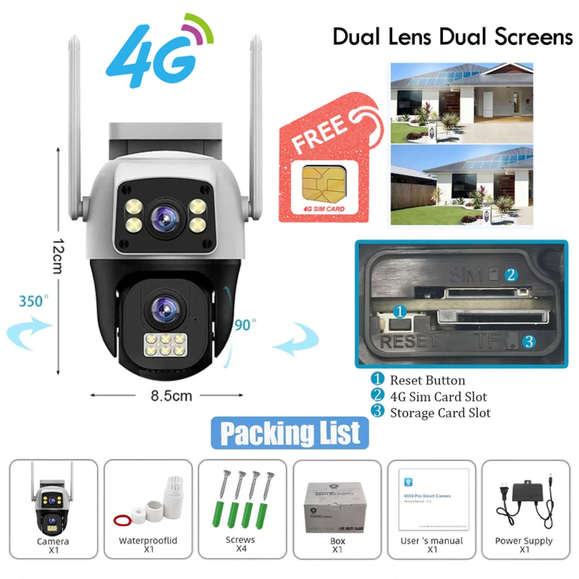 V380 Pro Kamera CCTV dengan SIM 4G 3 lensa 3 layar zoom 10x kejernihan 4K 360°cctv wifi sambung ke hp dengan mikrofon dan speaker Deteksi gerakan Ada gambar berwarna di malam hari cctv sambung hp jarak jauh