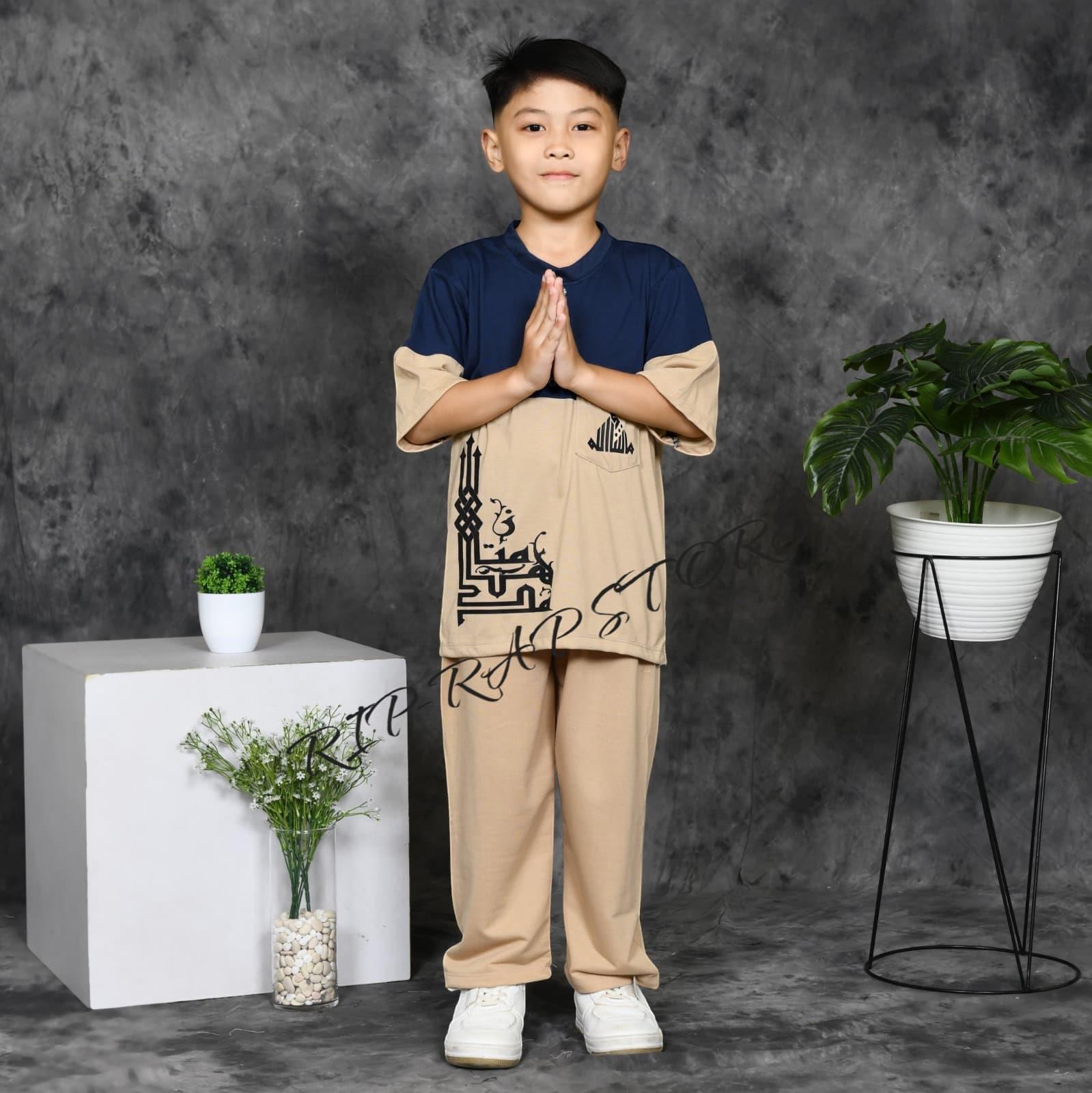 Koko anak laki laki Al-Hanin baju lengan pendek celana panjang bahan kaos 1-12 tahun