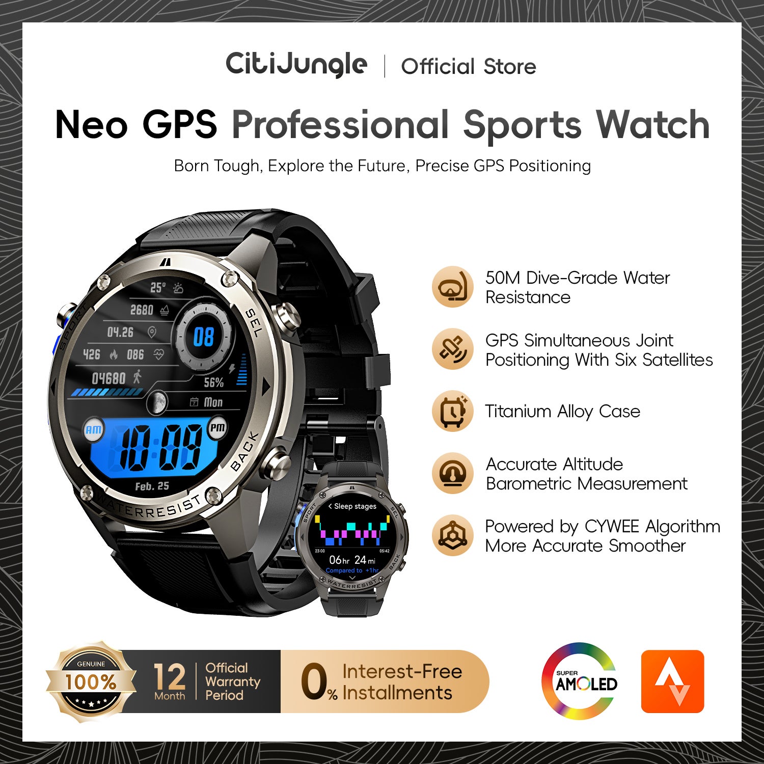 CitiJungle Smartwatch Bluetooth Jam Tangan Pintar GPS Layar 1.43" AMOLED Built-in GPS 5ATM Tahan Air dengan Kompas Tekanan Udara Altitude Tampilan Custom Cocok untuk Pria & Wanita AOD