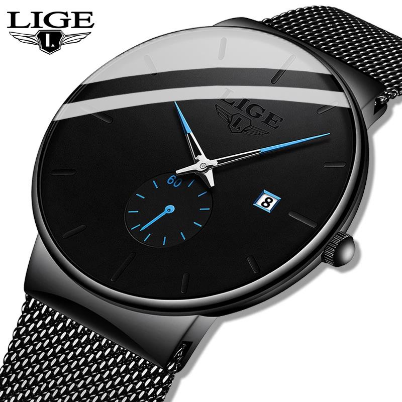 LIGE Jam Tangan Pria Fashion Olahraga Jam Tangan Tipis Dengan Kalender Mesh Steel Jam Kuarsa Tahan Air + Kotak
