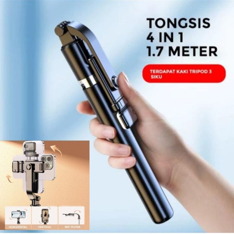 Tripod Tongsis Bluetooth 3in1 R1S L LED 360° 1.7Meter Remote Control Bluetooth Support All Smartphone