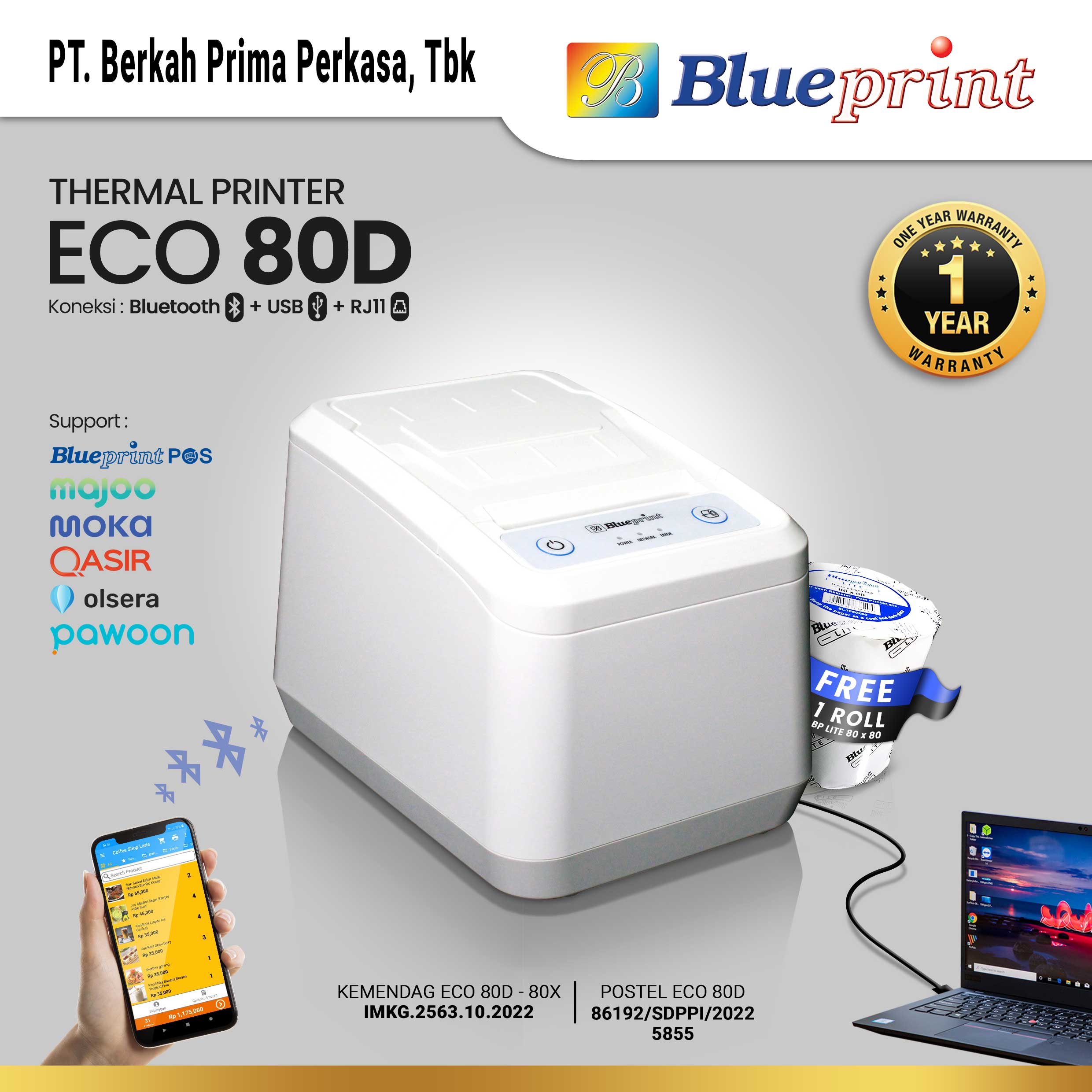 Printer Thermal Dekstop 80 mm BLUEPRINT ECO80D USB + Bluetooth