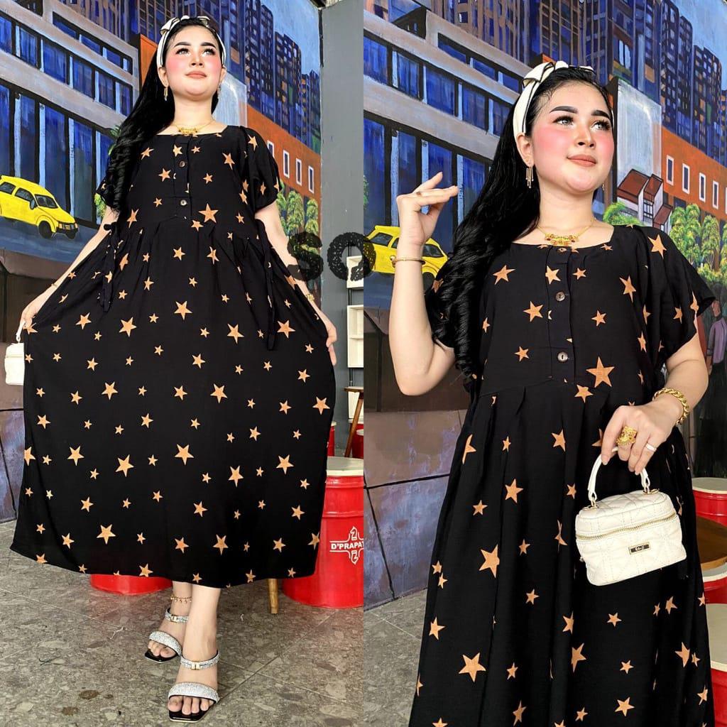 DRESS CHIBI MOTIF BINTANG TERBARU - LONG DASTER CIBI JUMBO LD 120 KANCING DEPAN