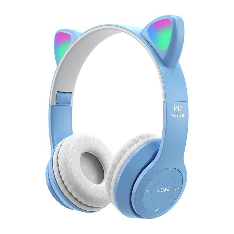 P47M Cute Cat Ear Headphone with RGB LED Light Wireless Headset Stereo Phone Music Bluetooth Headset