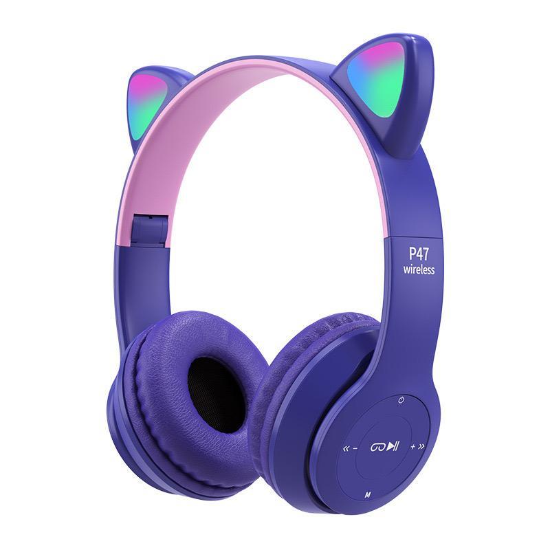P47M Cute Cat Ear Headphone with RGB LED Light Wireless Headset Stereo Phone Music Bluetooth Headset