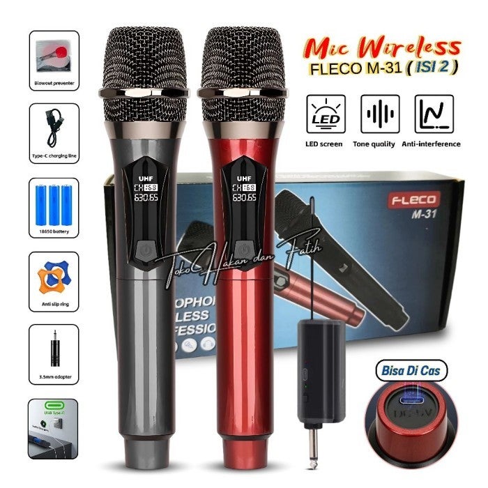 Microphone Professional Wireless Mic Double Fleco M-31 Jack Besar include adapter jack kecil