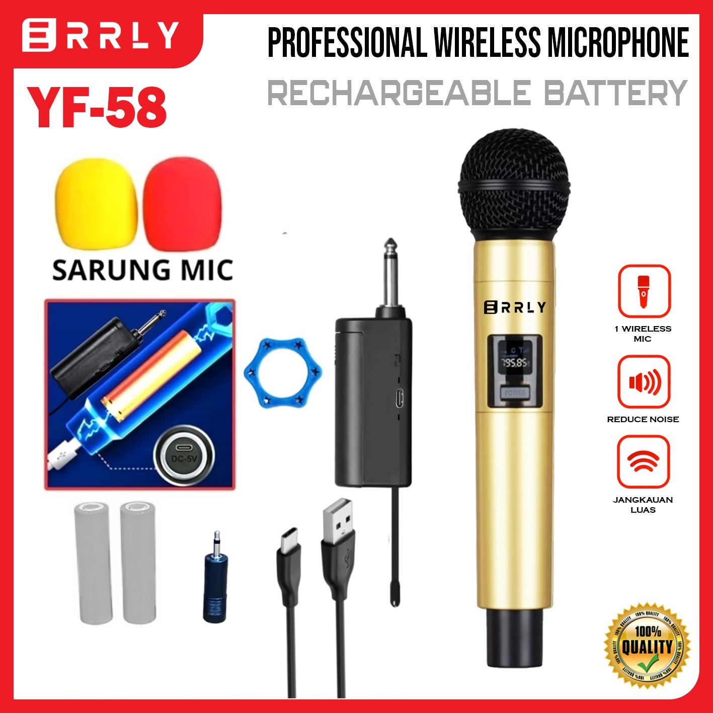 ERRLY Mic Karaoke Michrophone Wireless Rechargeable With Receiver System YF58 YF58S Set Mikrofon Penangkap Wireless MIC Genggam (Battre 18650 Dapat Dicas)