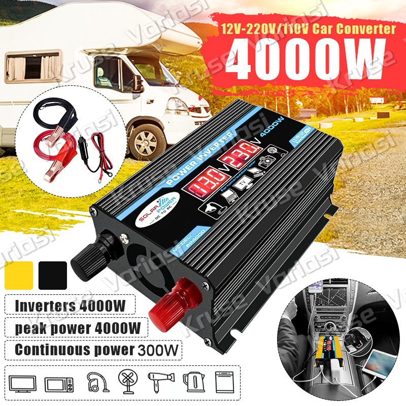 Power Inverter 4000watt DC 12V to AC 220V Perubah Inverter Frekuensi Tinggi 4000W Inverter Gelombang Sinus Wave 4000W Arus Listrik DC to AC Charger 2 USB Multiple Protection
