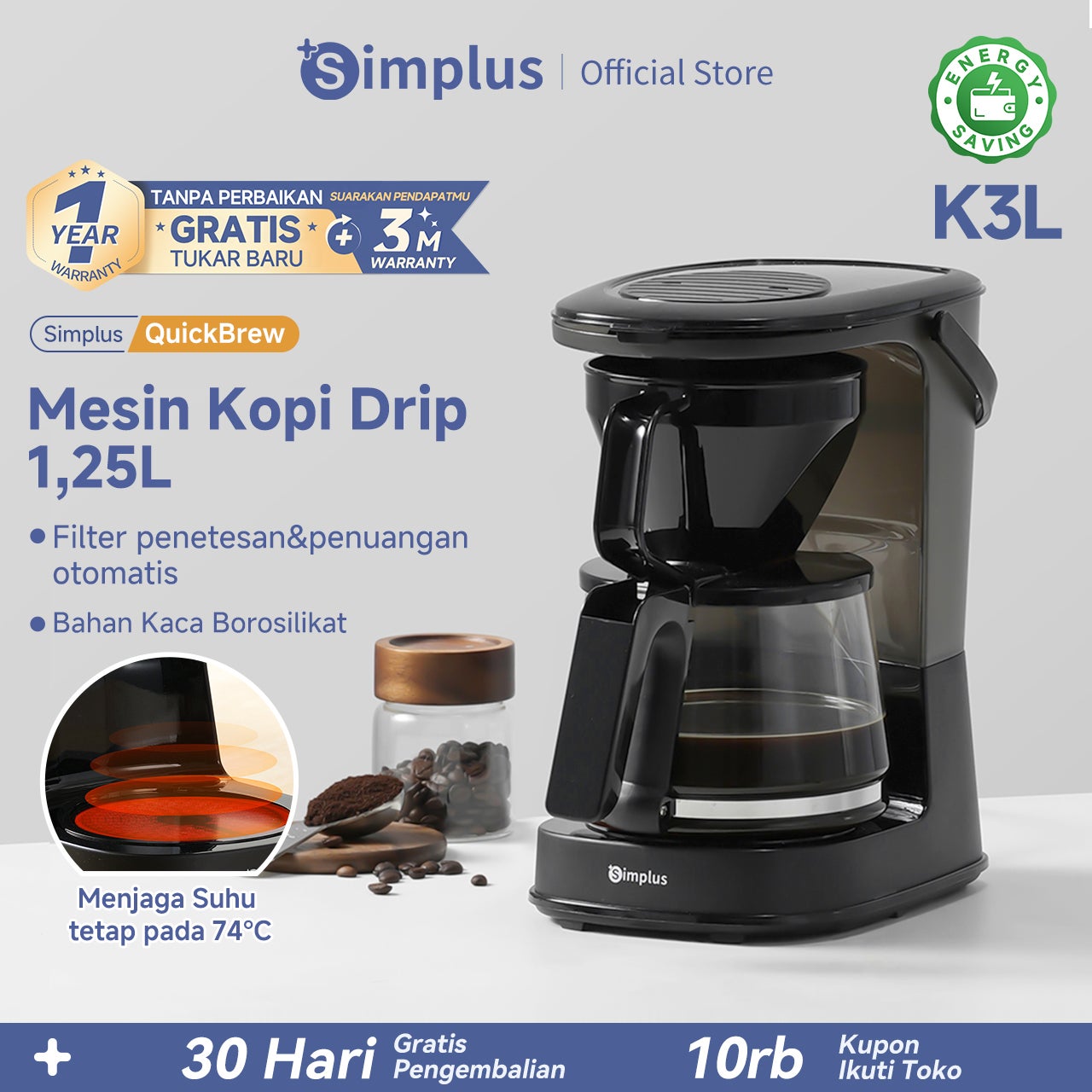 Simplus Mesin Kopi 125L Kapasitas Besar 10 Porsi Filter Otomatis Penetesan dan Penuangan Untuk Kopi dan Teh