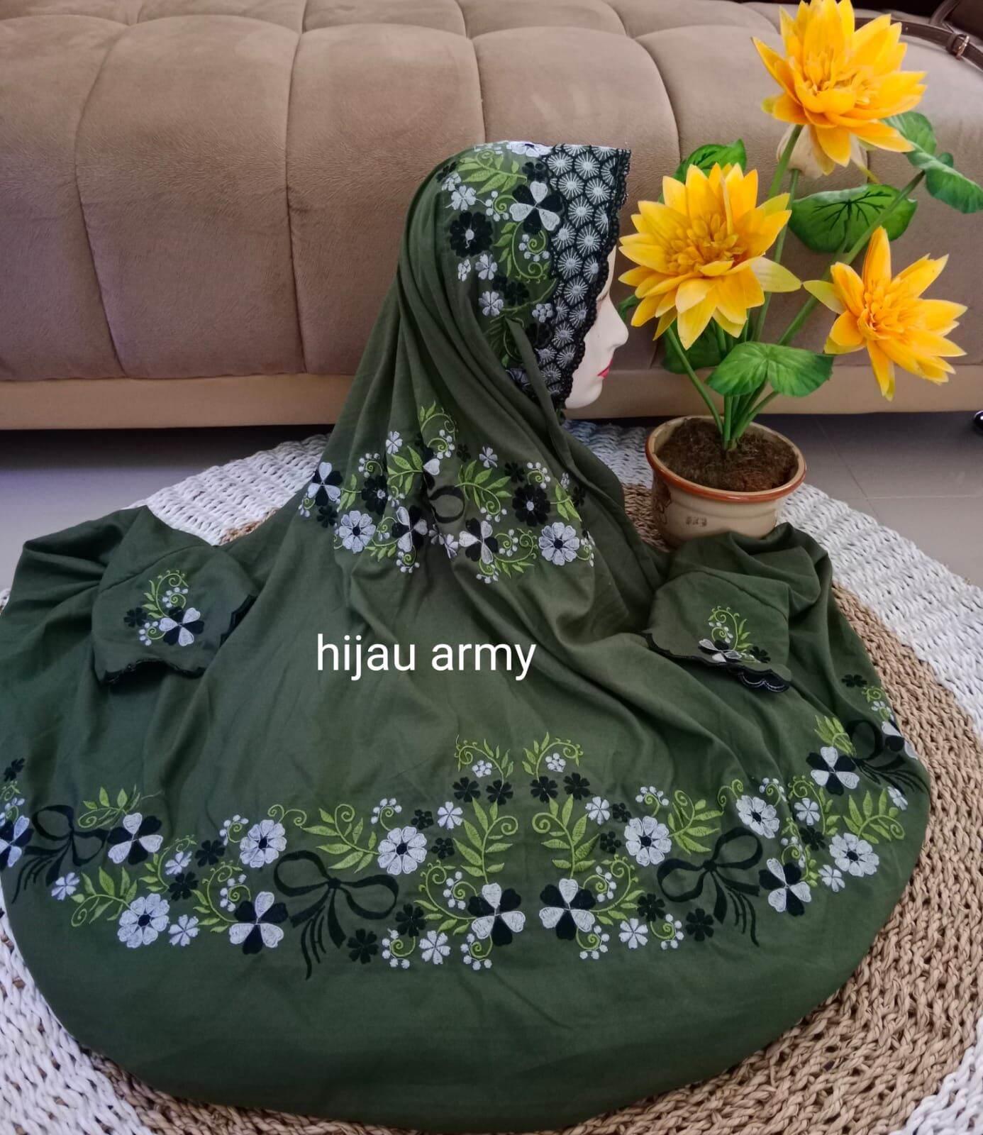 MUKENA DEWASA TERUSAN BAHAN KATUN MIKRO WARNA ARMY MOTIF PITALOKA