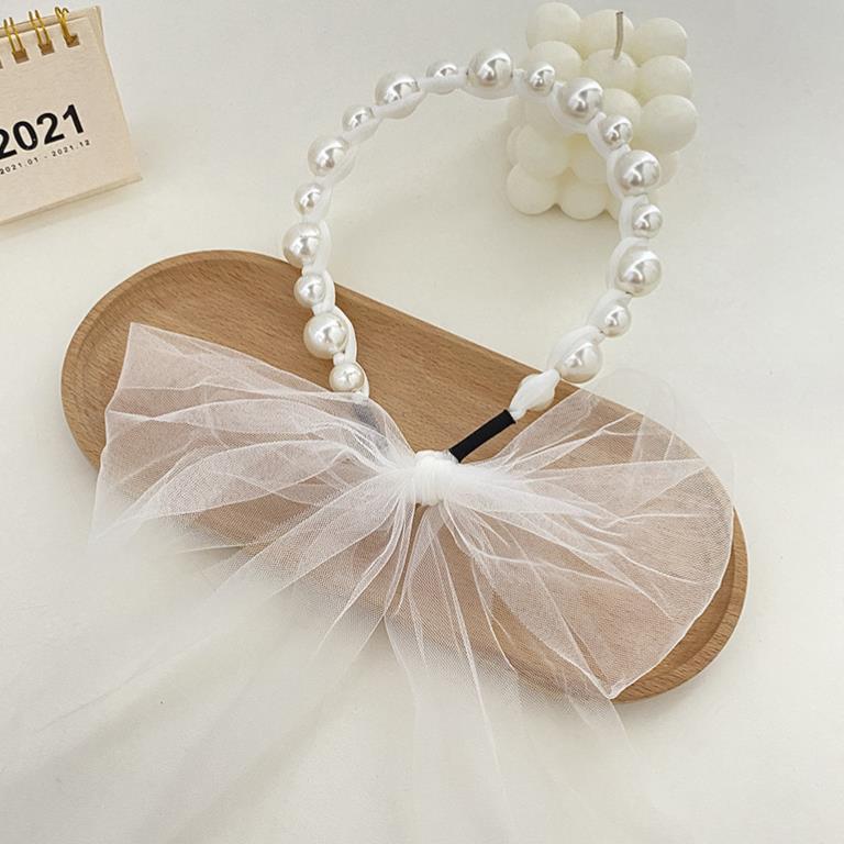 Gratis Ongkir - Bando Mutiara Pita Tulle / Headband Mutiara Anak / Bandana Pita Panjang / Headband