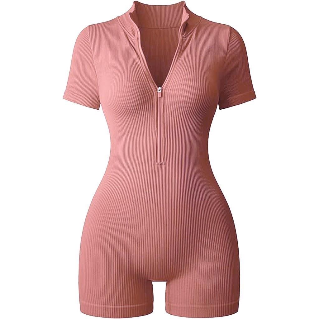COD Jumpsuit Olahraga Wanita Lengan Pendek Sempurna untuk Yoga Aktivitas Lari dan Gym Wanita Rompers Ribbed Short Sleep Zip Stretch Front Tumm