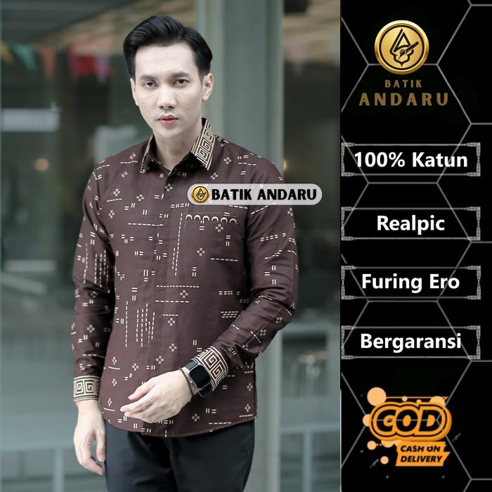 Batik Andaru Motif Mahardika Baju Batik Pria Dewasa Cowok Laki Laki Slim Fit Lengan Panjang Modern Simpel Heem Katun Premium Lapis Furing Erro Warna Coklat Mahogany