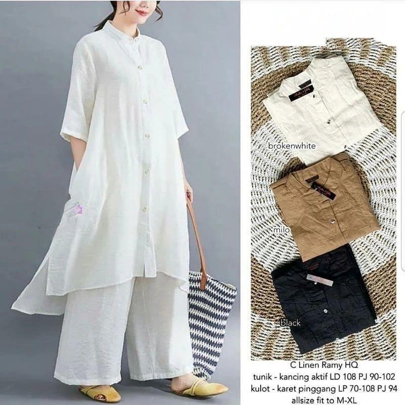 LF18 - Baju Titan One Set Bahan Cotton Linen Baju Setelan Terbaru 2021 Kekinian Wanita Muslim Setelan Atasan Tunik + Kulot Panjang One Set Ootd Hijab Remaja Maxy Wanita Orignal Baju Muslimah Grosir Pakaian Dewasa Bandung Murah Terlaris BISA COD