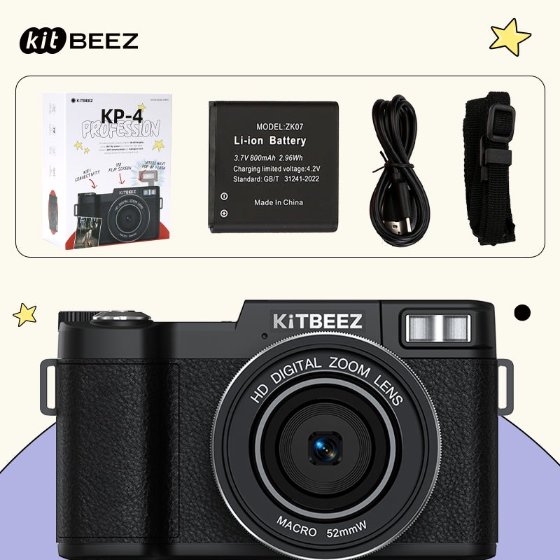 KiTBEEZ KP-4 Kamera Digital WiFi 75MP 5K Hitam Putaran 180° Zoom 18x kamera murah Dengan Dukungan Selfie Koneksi WIFI untuk Hadiah Pemula Retro Kamera digicam kamera anak anak bisa keluar foto