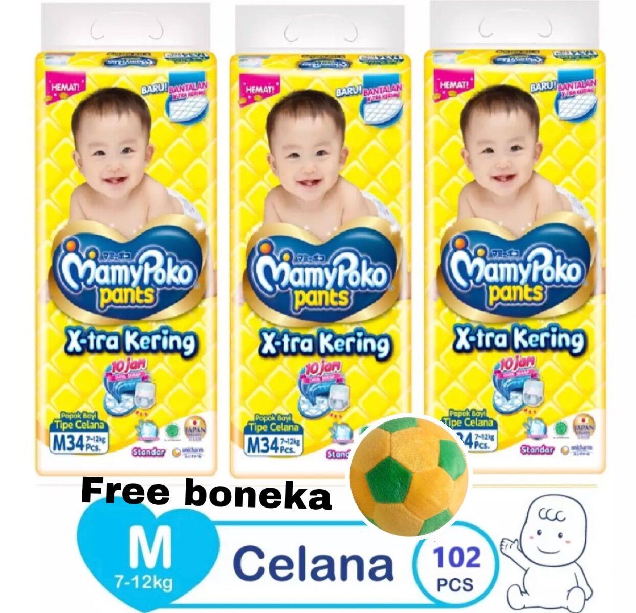 Popok celana mamy poko pants xtra kering M34 x 3 pack / 102 pcs bonus mainan boneka