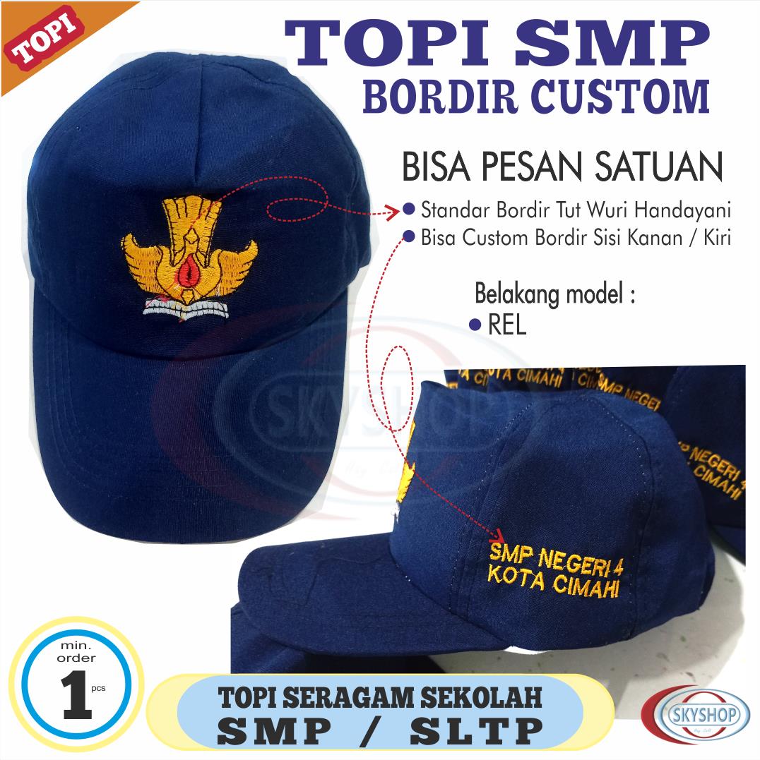 Topi SMP Biru Seragam Sekolah Menengah Pertama SMP MTS Kualitas Bagus Model Belakang Rel Bordir Custom Satuan Bisa Reques Tambah Bordir Kanan Kiri Sesuai Keinginan Sendiri