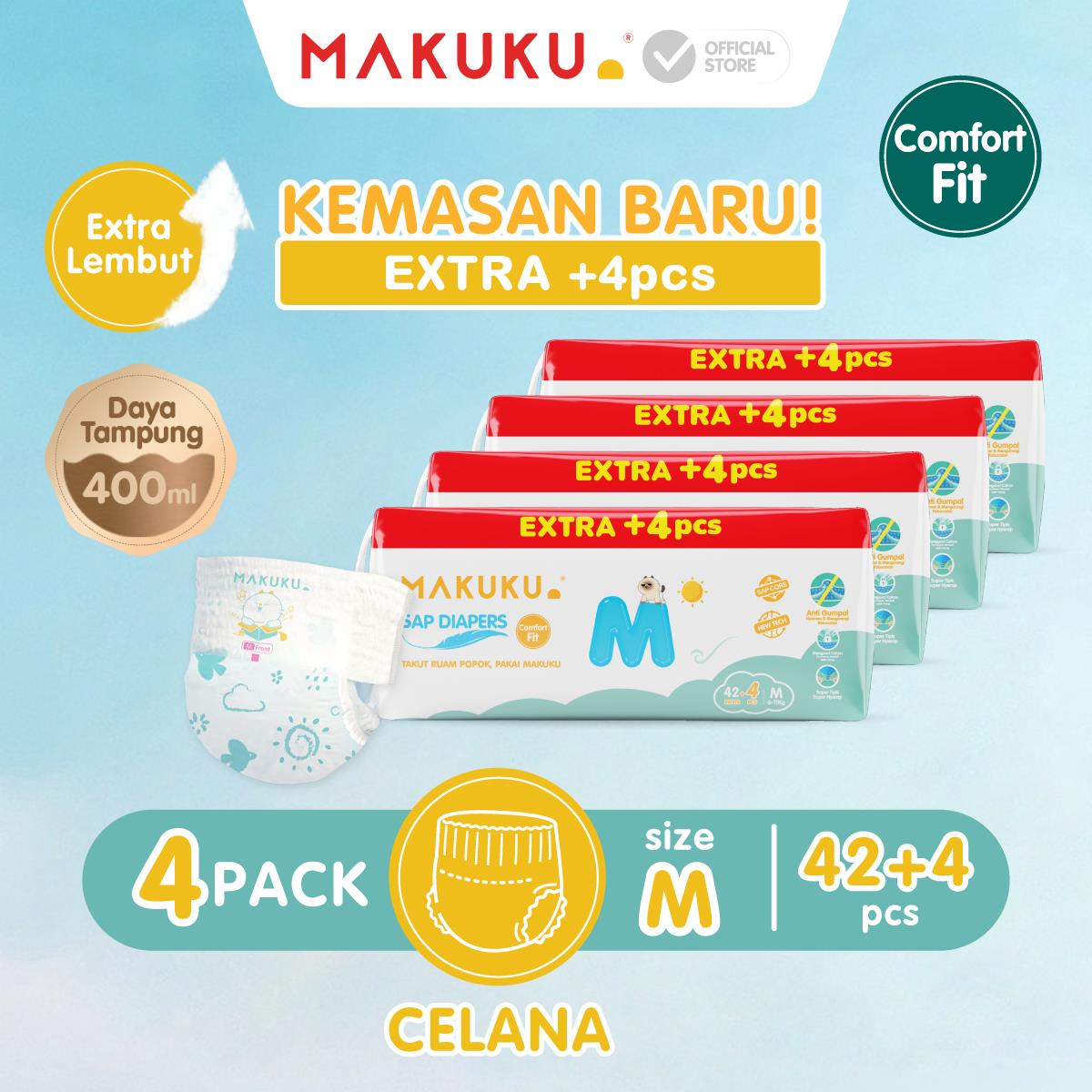 [4 PACK] MAKUKU SAP Diapers Comfort Fit Extra Jumbo+4 Pants/Tape M/L/XL Popok Bayi Tipis Extra Dry Anti Gumpal Mengunci Cairan Cepat Kering Type Celana