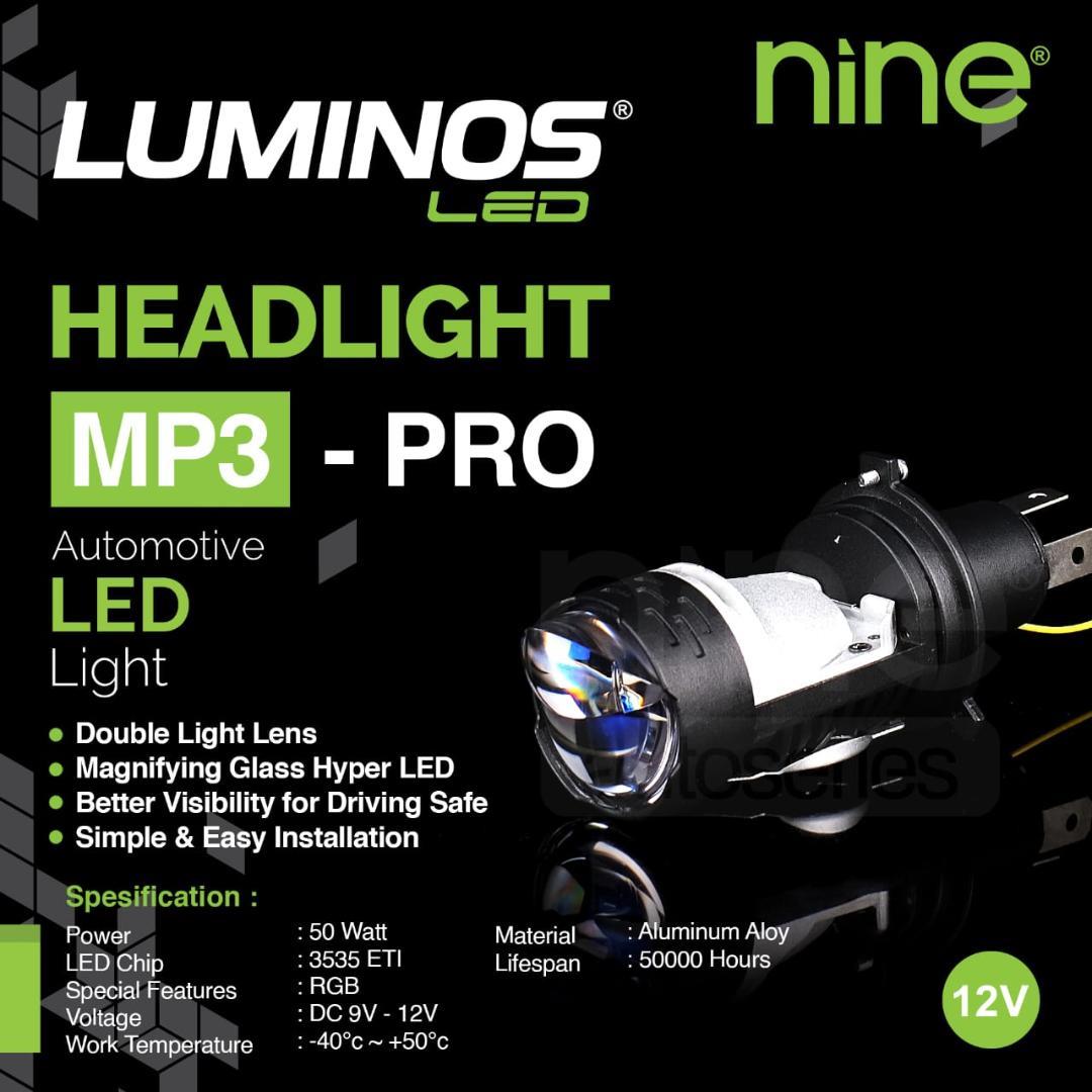 Lampu LED Mini Projie Soket H4 Headlamp Mobil dan Motor Luminos 9 Nine MP3 Pro Dengan Devil eye dan Blue lens