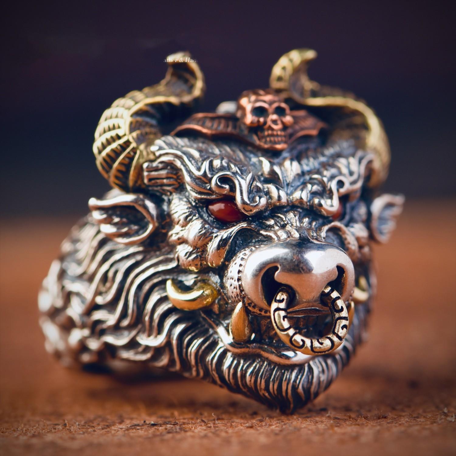 Cincin Pria Motif Raja Banteng / King Of Buffalo Gaya Retro Vintage Model Terbuka