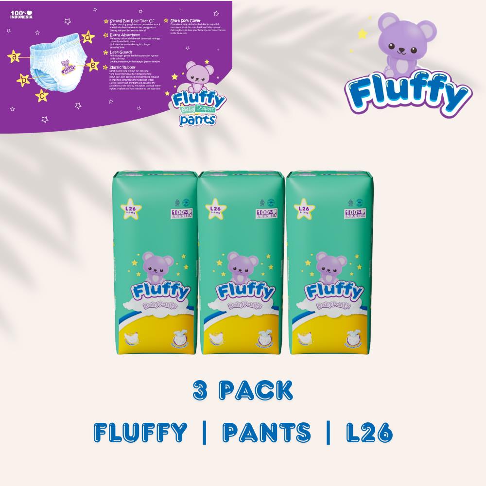 Fluffy Popok Bayi Tipe Celana L 78 Pcs [L 26 x 3 Pack] - Popok celana bayi Daya Serap Tinggi Anti Iritasi & Anti Ruam