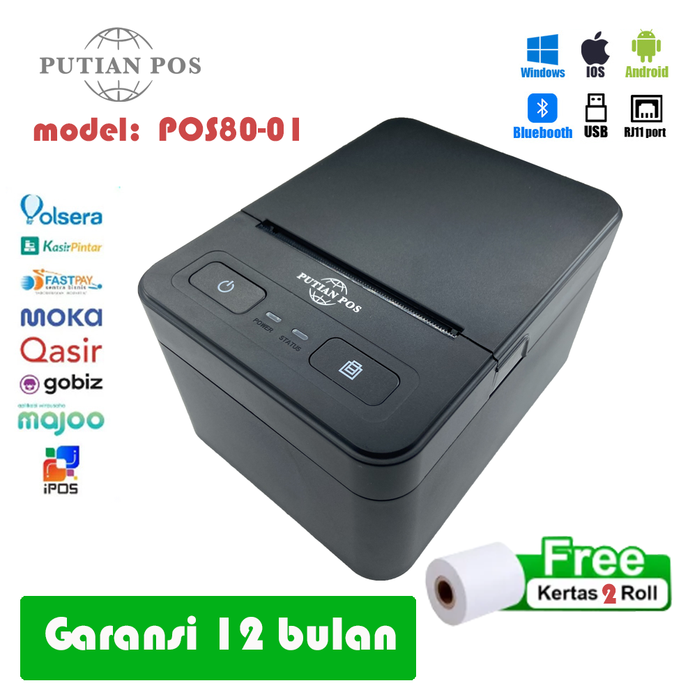 Printer Termal Bluetooth Desktop 80mm PUTIAN POS (Label Sticker + Cashier Bill) Printer 2-in-1