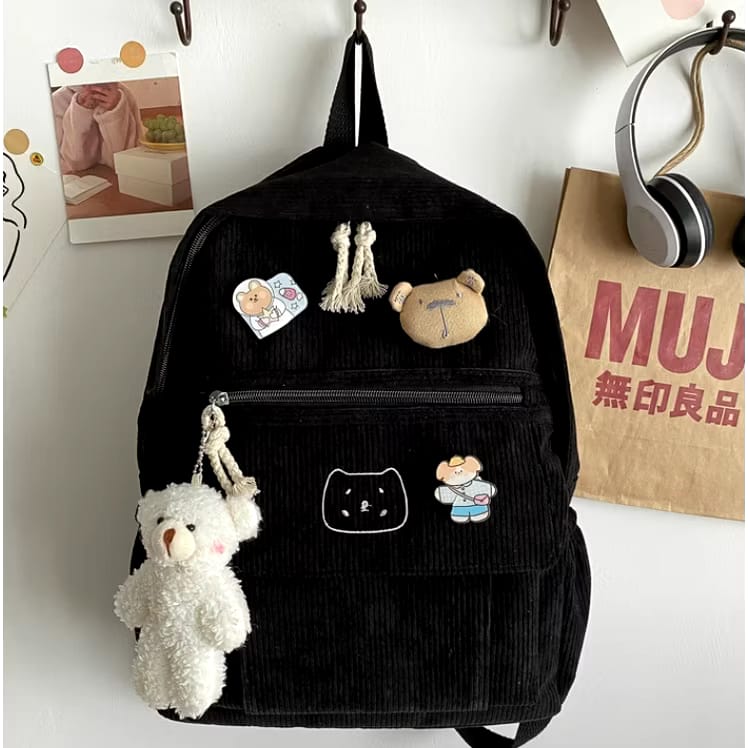 Tas Ransel Wanita Corduroy Tas Rangsel Bear Sekolah Perempuan Motif Beruang Backpack Cewe Korean Style