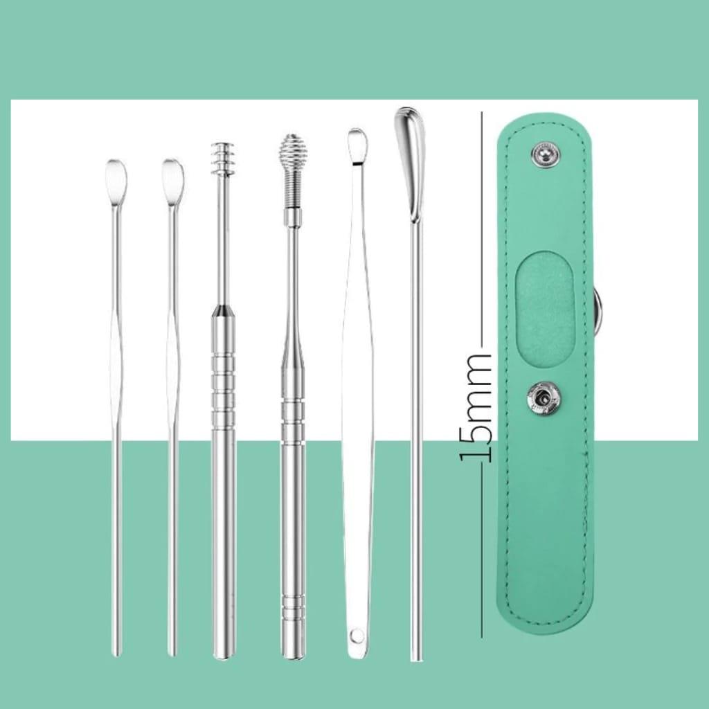 KOREK KUPING 6in1 Plus Pouch Alat Pembersih Telinga Isi 6 Stainless Ear Wax Tas Kulit