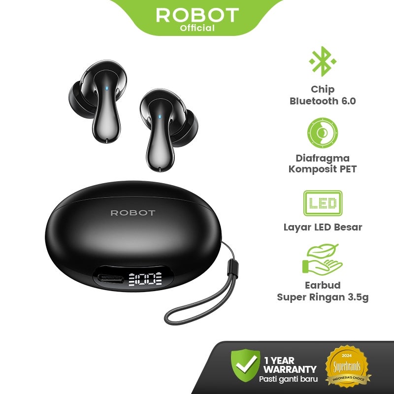 ROBOT NEW PRODUCT TWS NOVA Bluetooth 6.0 TWS Earphone Wireless Bluetooth LED 37 Jam Suara Jernih Powerful Bass Pemakaian 37 Jam dengan Tampilan Daya LED TWS Nova T3 - Garansi 1 Tahun