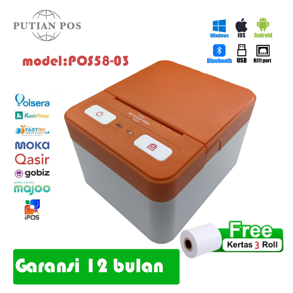 Printer termal desktop 58mm PUTIAN POS (bluetooth + USB) printer tanda terima kasir