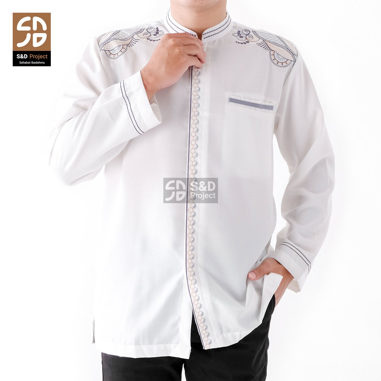 S&D PROJECT Baju Koko Muslim Seri 01 Bahan Polikatun Warna Putih Tulang Jumbo M-4XL Untuk Pria Dewasa Lengan Panjang Motif Bordir