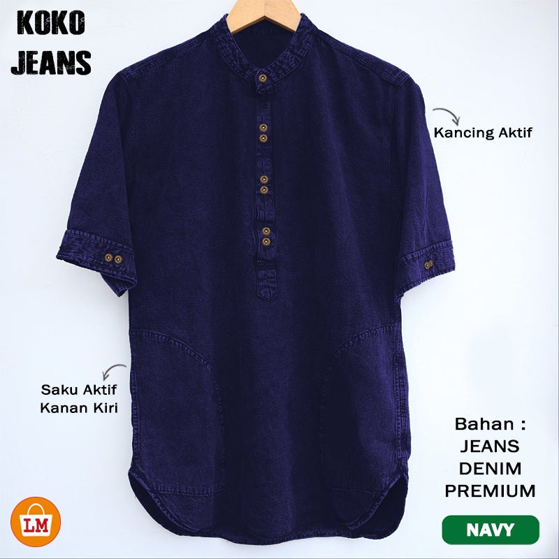 TERMURAH TERLARIS Baju Atasan Pria Koko Muslim Bahan Jeans Denim Terbaru 2021 KOKO JEANS LBM 22083 22085 22087 22089 TERBARU
