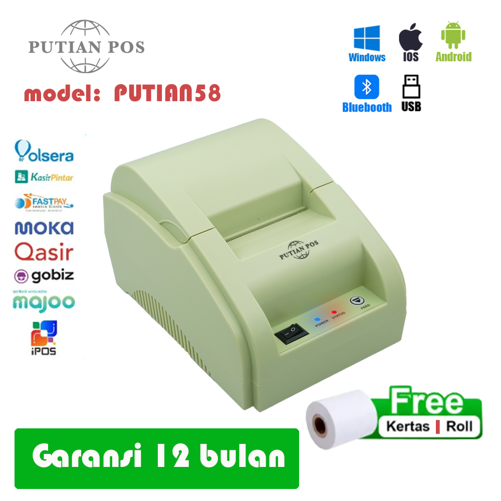 PUTIAN POS Desktop Thermal Printer PUTIAN 58 rinter Tanda Terima (Bluetooth+USB)
