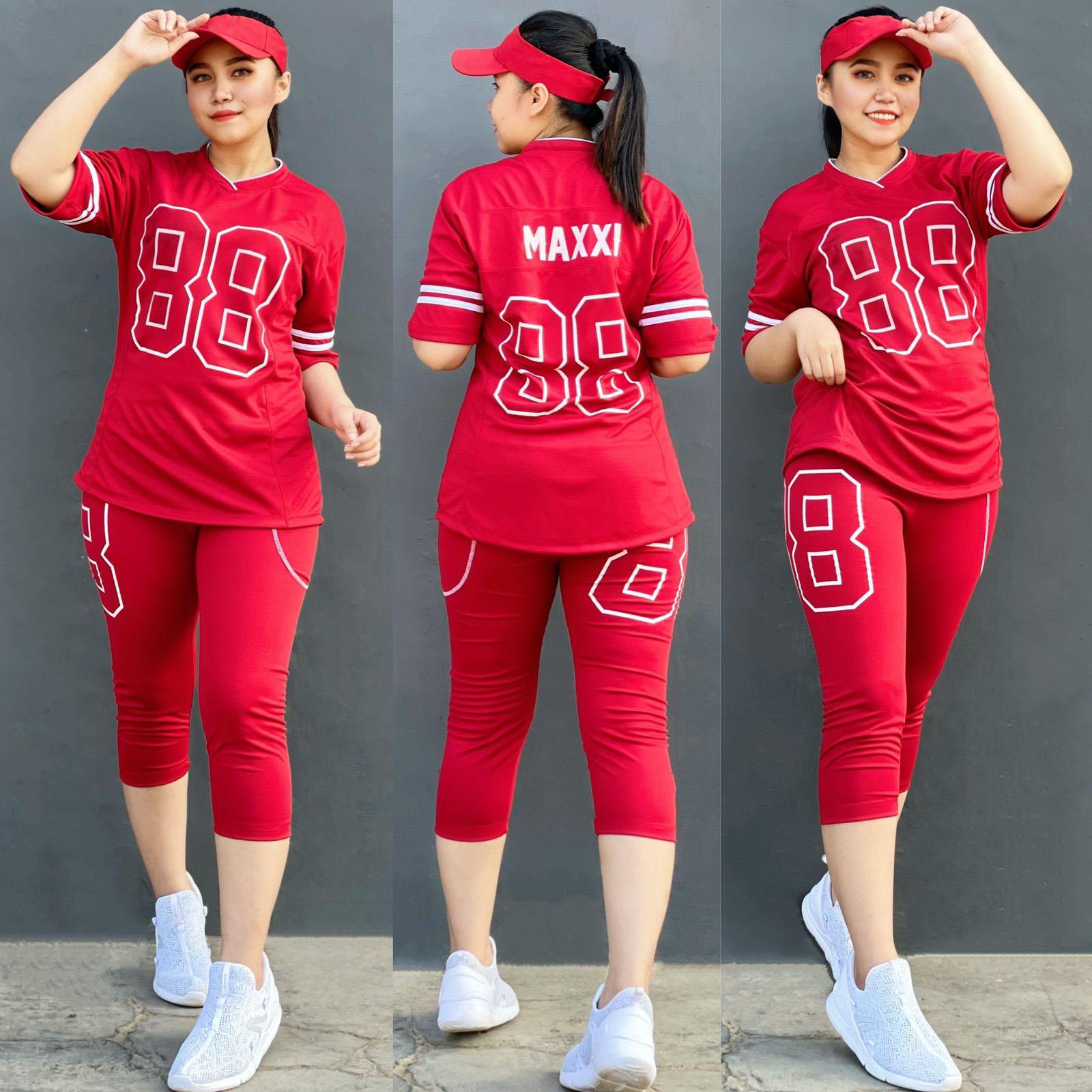 Setelan Olahraga 88Maxxi Merah Kombinasi Set Baju Senam Gym Fitness Running Jogging Sepeda Cycling Gowes Seragam Olahraga Training Wanita Pendek Indoor Outdoor