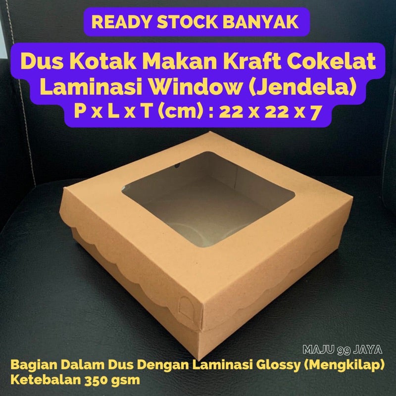 (10 PCS) Dus Kue / Kotak Makan Nasi R10B Full Laminasi Bagian Dalam Dus dan Window/Jendela Bening 22cm x 22cm x 7cm Kraft Cokelat (Ketebalan 350gram) Finishing Warna Coklat