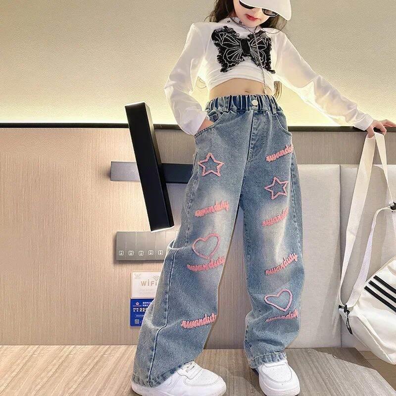 Celana Kulot Jeans Import Fashion Anak Perempuan Usia 4-12 Tahun Love Pink Printed