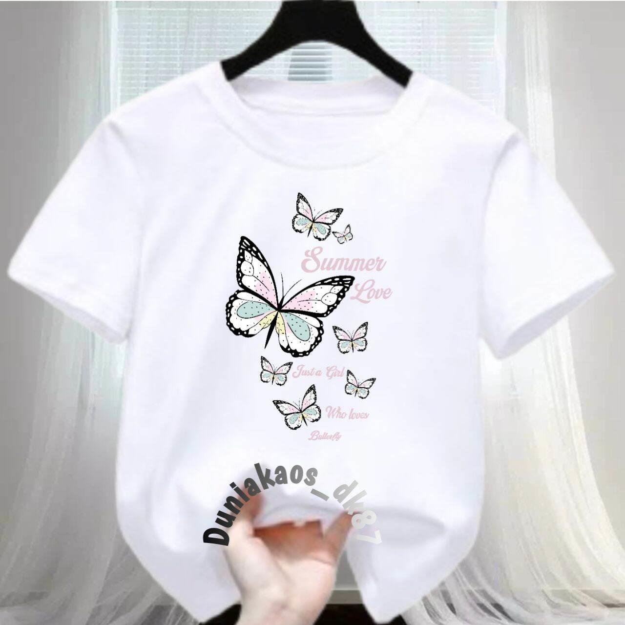 Kaos Anak Cewek Motif Kupu-Kupu Summer Love Kaos Oblong T-shirt Anak Perempuan Kaos Anak 2-12 Tahun