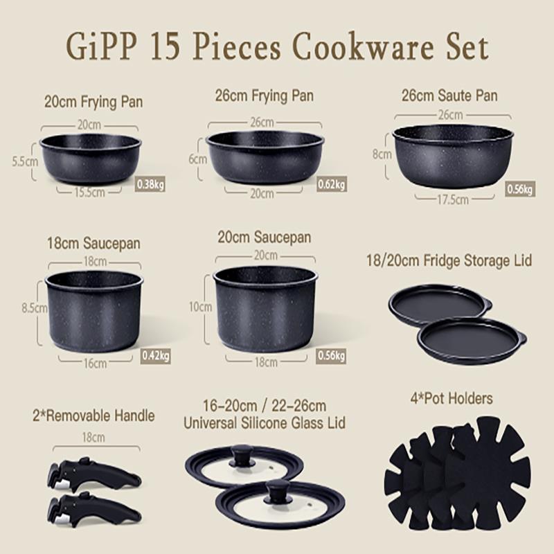 GiPP 15 Pcs Set Peralatan Masak Panci Wajan Cookware Set Granite Anti Lengket Gagang Lepas Pasang Tahan Lama Bebas PFAS & PTFE & PFOA