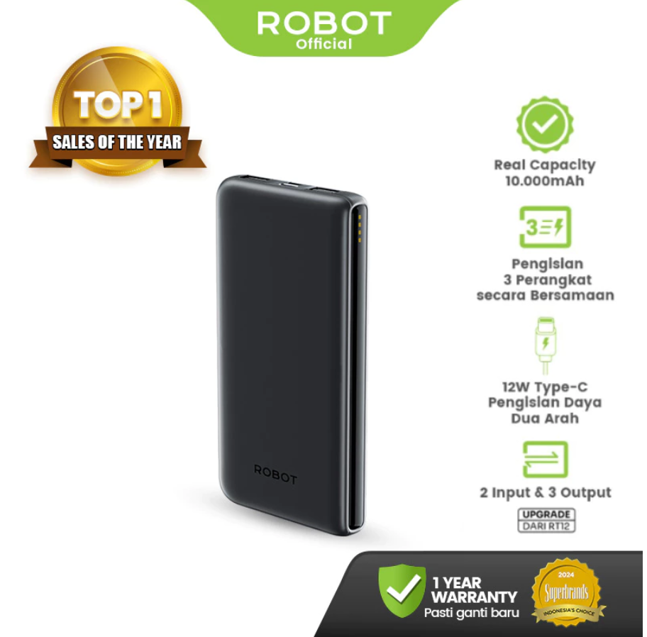 ROBOT PowerBank Slim Fast Charging Dual Output Dual Charger RT11 Purple Gradient Gradasi 10000 mAh Dual Input Output Slim Original Garansi 1 Tahun
