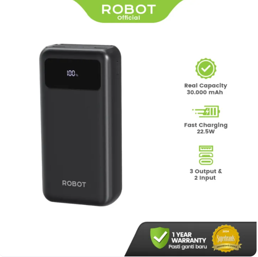 Robot Powerbank Fast Charging 40000mAh Dual Port input Quick Charge Power Bank With LED Display 3 Port Output RT40 Kompatibel iPhone Android Original Garansi Resmi 1 Tahun