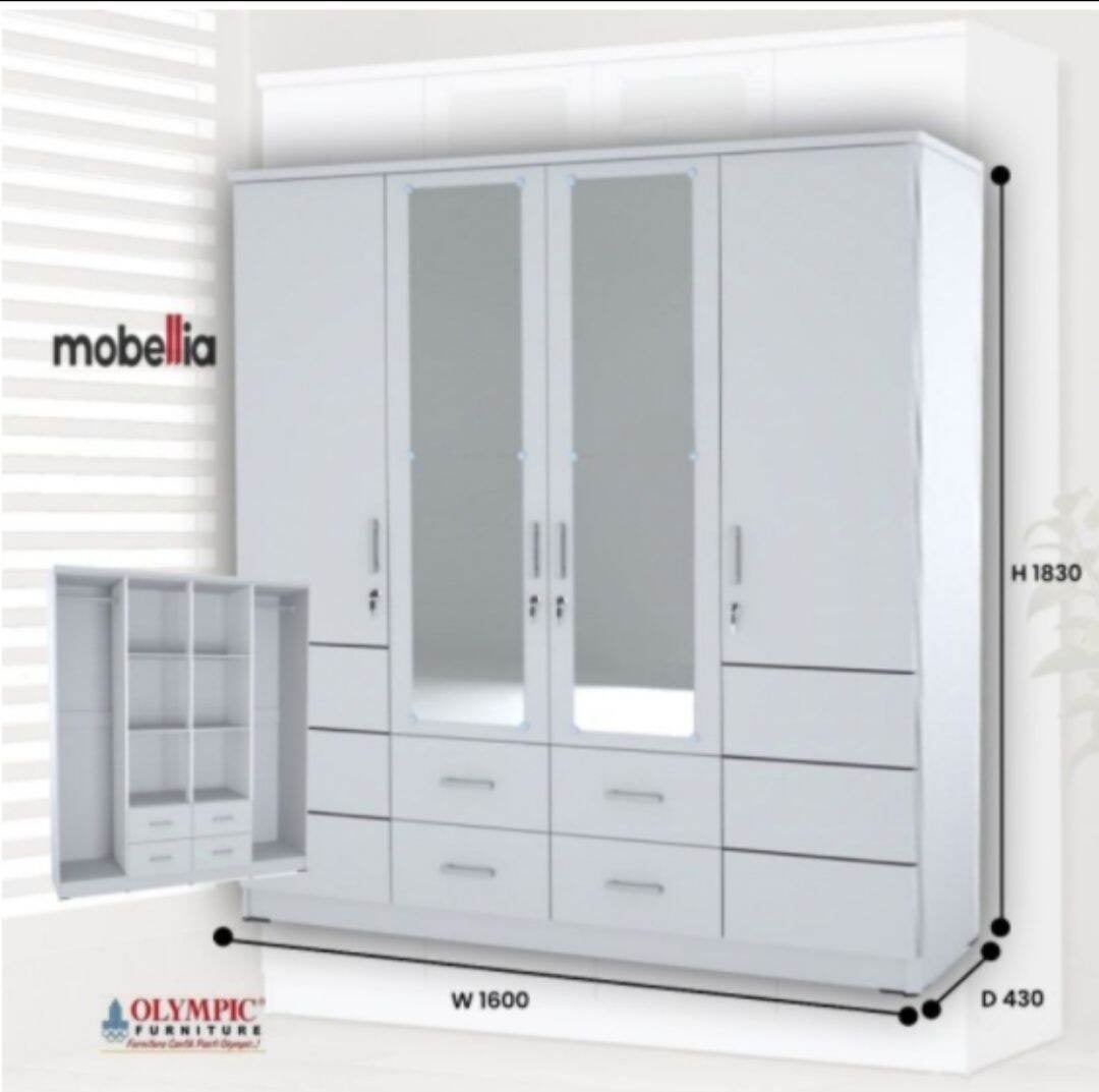 Lemari Pakaian 4 Pintu Putih Modern Minimalis 2 Cermin + 4 Laci Penyimpanan.