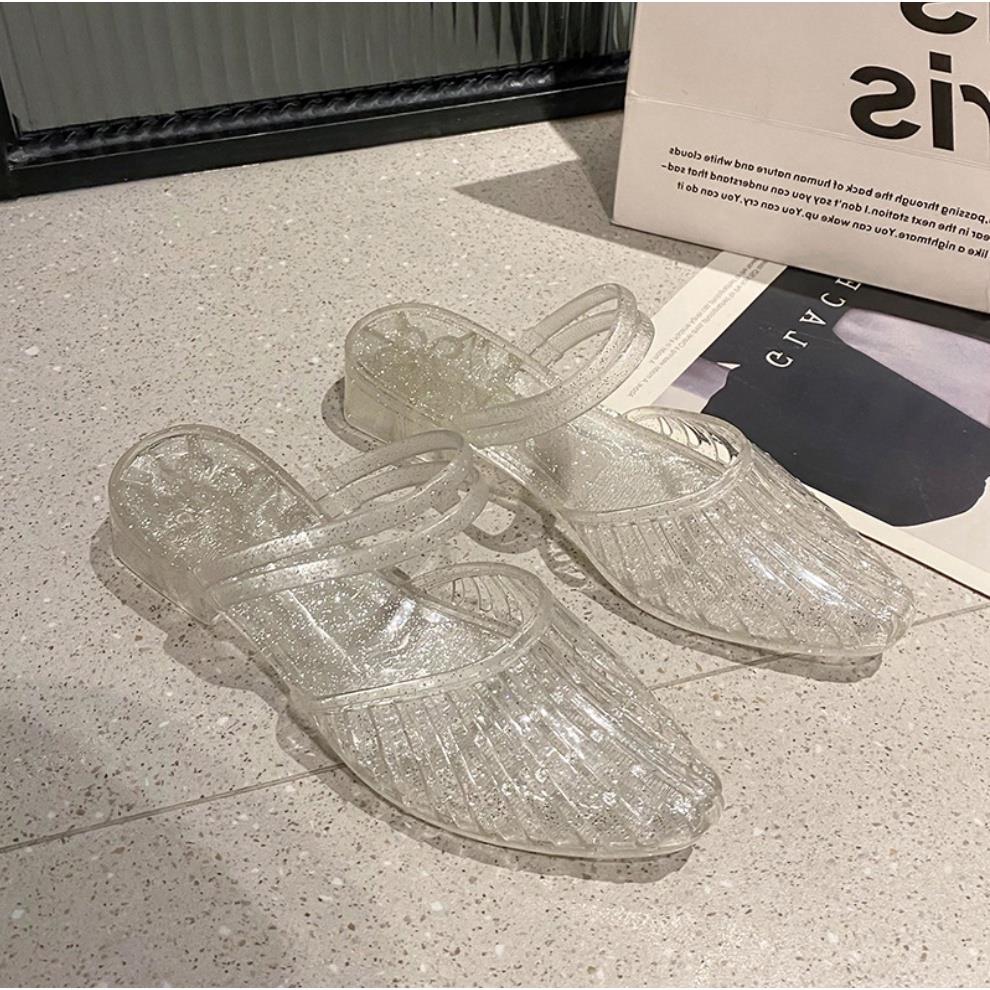 VEBLEN Sandal Mules Heels Wanita Cewek Perempuan Crystal Jelly Glitter Fashion Gaya Korea Style
