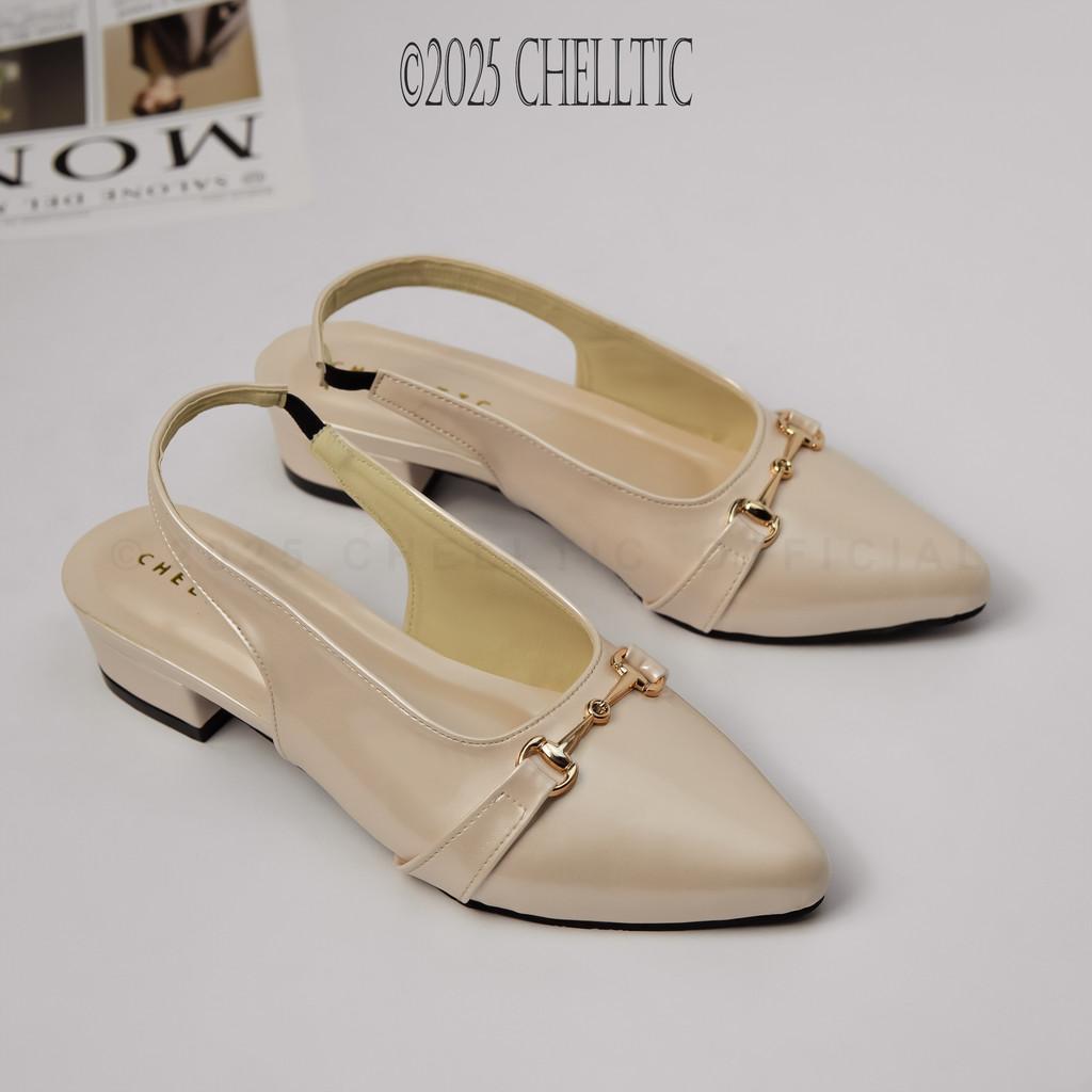 Chelltic Enzy - Sepatu Heels Wanita Hak 3 CM Elegan Kekinian Terbaru Sandal Mules Slip On SlingBack Hitam Mahogany Glosy Fashion Korea