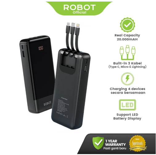 ROBOT Powerbank Fast Charging 20000 mAh Dual Port Powerbank Kabel Fast Charging RP-201L Powerbank 20000mAH 2.1A Dengan 3 Kabel Type C Lightning Micro Original-Garansi 1 Tahun
