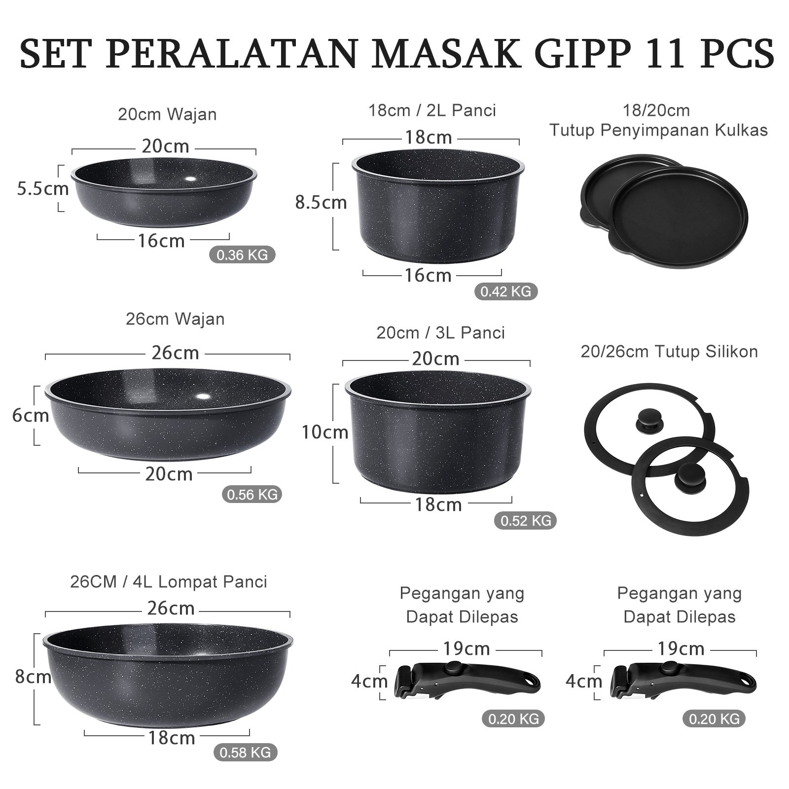 GIPP Set Wajan Penggorengan Keramik Anti-Lengket 3/5/11 Pcs Gagang Dapat Dilepas Untuk Semua Kompor Bebas PFAS & PTFE & PFOA