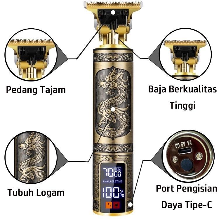 Alat Cukur Kumis dan Jenggot Mesin Cukur Rambut Electrik Naga LED Vintage T9
