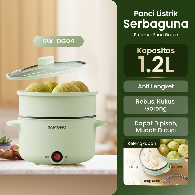 SAMONO Panci Listrik Multifungsi 1.5L Low Watt Electric Pot 2 in 1 Kukusan Stainless Steel Anti Lengket Portable Cooker Alat Masak Kukus Rebus Goreng Hemat Listrik untuk Rumah & Kos White SW-DG04S