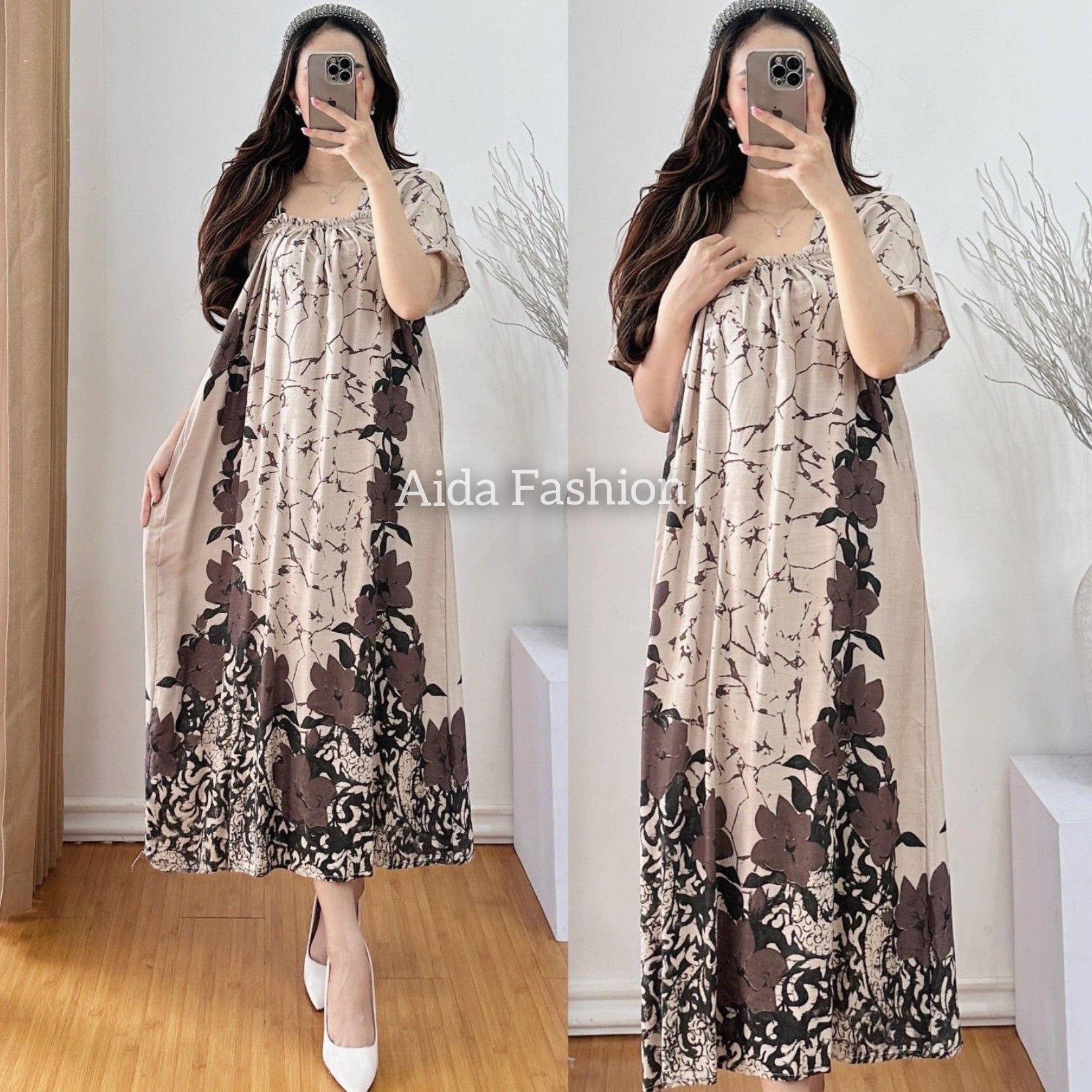 Daster Fuji Bumil Model Simpel Motif Terbaru / Dress Fuji Cream Motif Sogan Ibu Muda Masakini Lengan Pendek