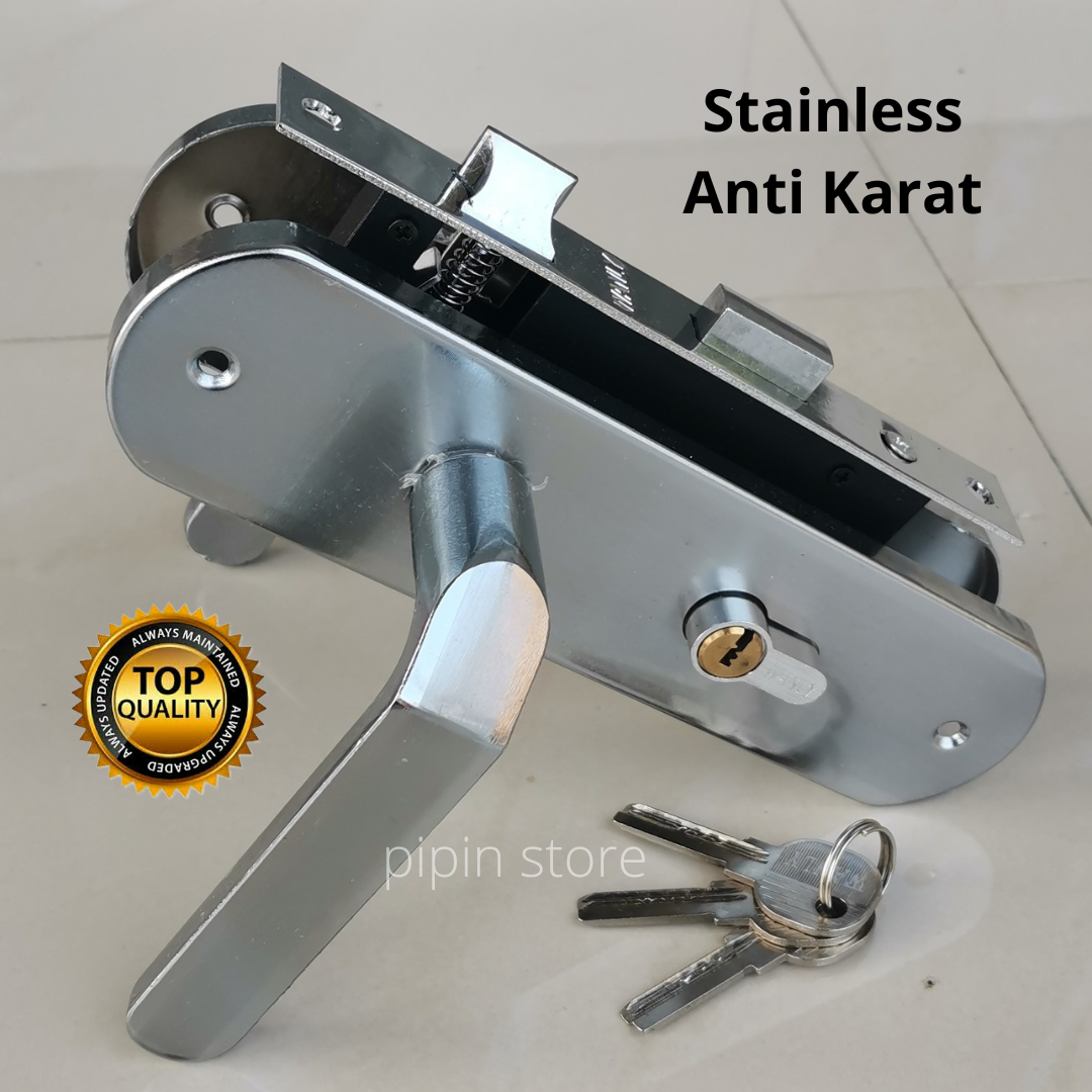 Kunci Pintu Rumah 1 Set Komplit Silver 20 cm Besar 25 cm - Gagang Handle Pintu Rumah Kayu Satu Set Kunci Murah - Ongkel Pintu Rumah Besar Stainless Anti Karat