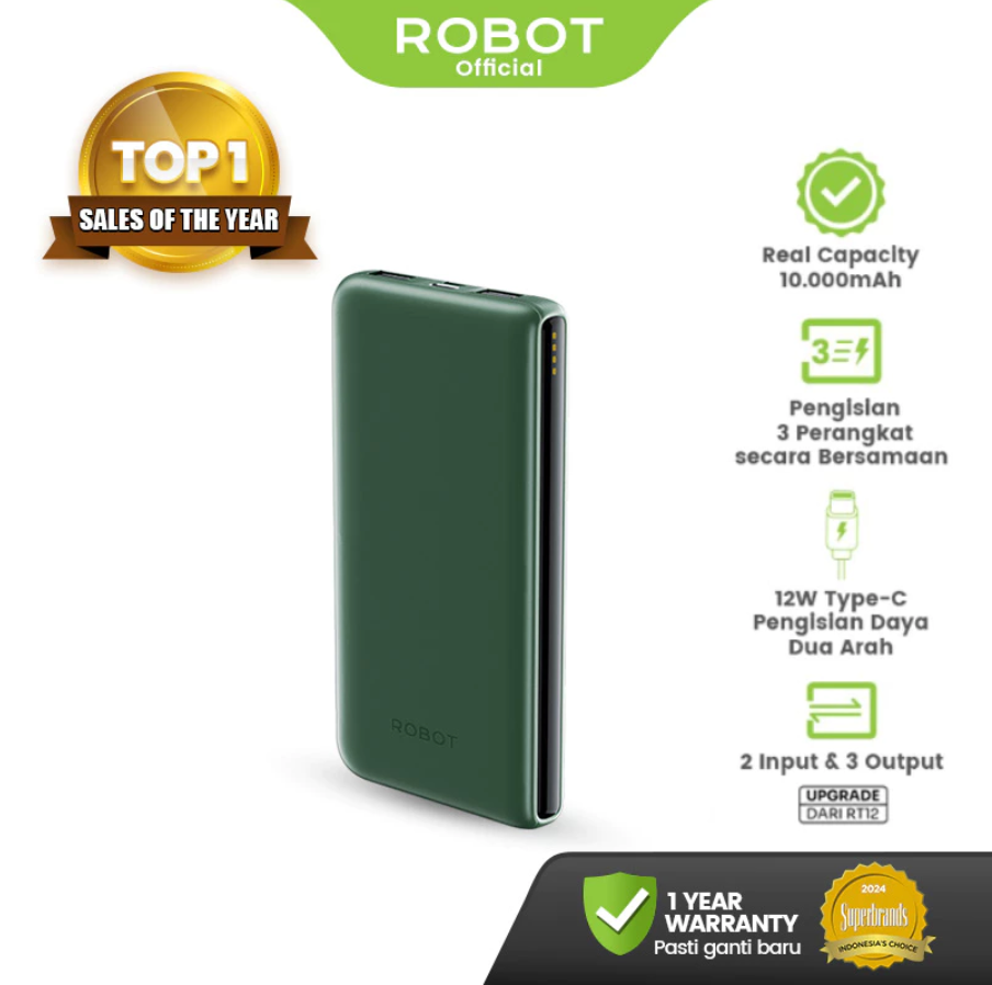 ROBOT Powerbank Fast Charging 10000 mAh Powerbank kabel 3 Lighting Type C Micro Powerbank Slim Tipis LED RP-101L Powerbank 10000mAH 2.1A Dengan 3 Kabel Type C Lightning Micro Original - Garansi 1 Tahun